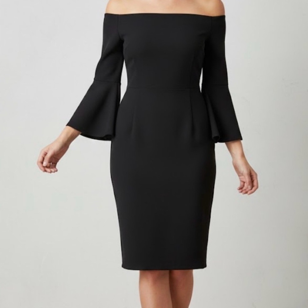 Laundry NWT Shelli Segal Off-Shoulder Black Sheath Dress with Flared Sleeves- 10